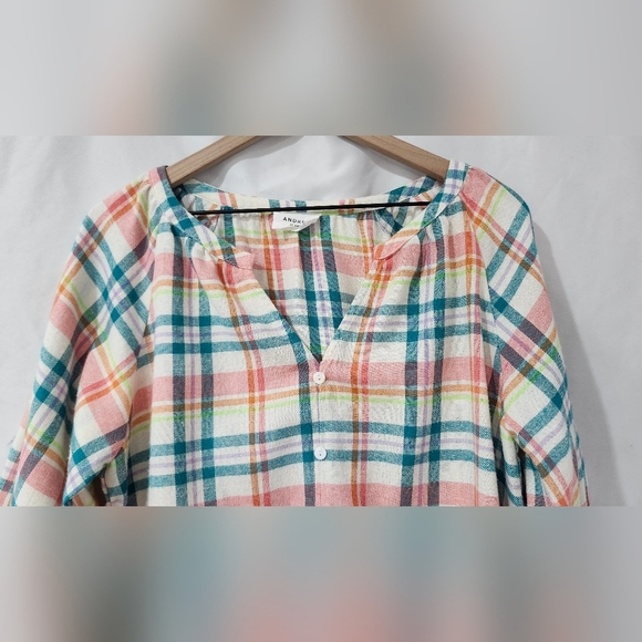 Andree By Unit Women's Peasant‎ Top Size Medium Bright Plaid Flannel Preppy Boho - Picture 4 of 6